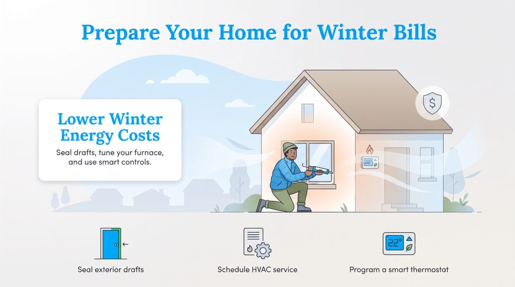 Illustration of a person sealing a window to save on winter energy costs