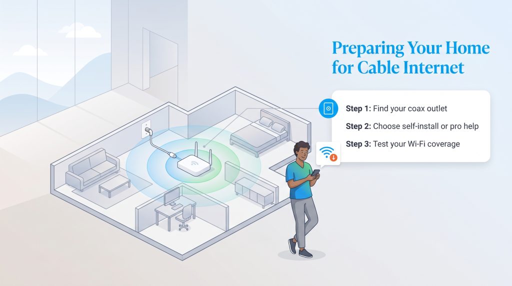 Three steps to prepare your home for cable internet illustrated with a house floor plan