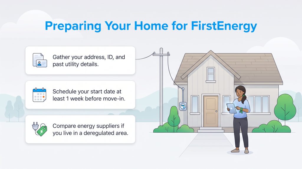 Steps to set up FirstEnergy service with an illustration of a home being connected.