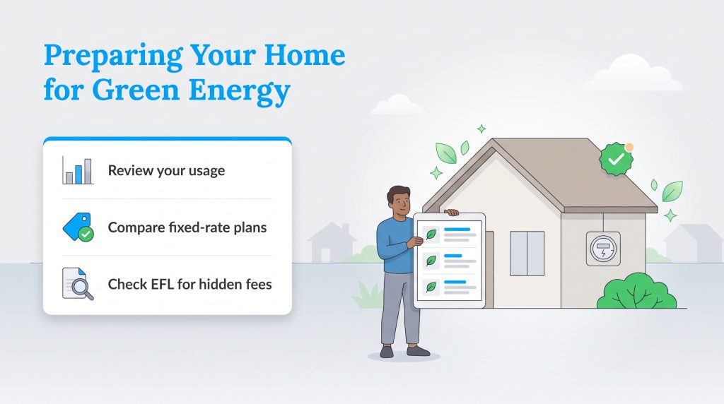 An illustration outlining three key steps to prepare your home for green energy.