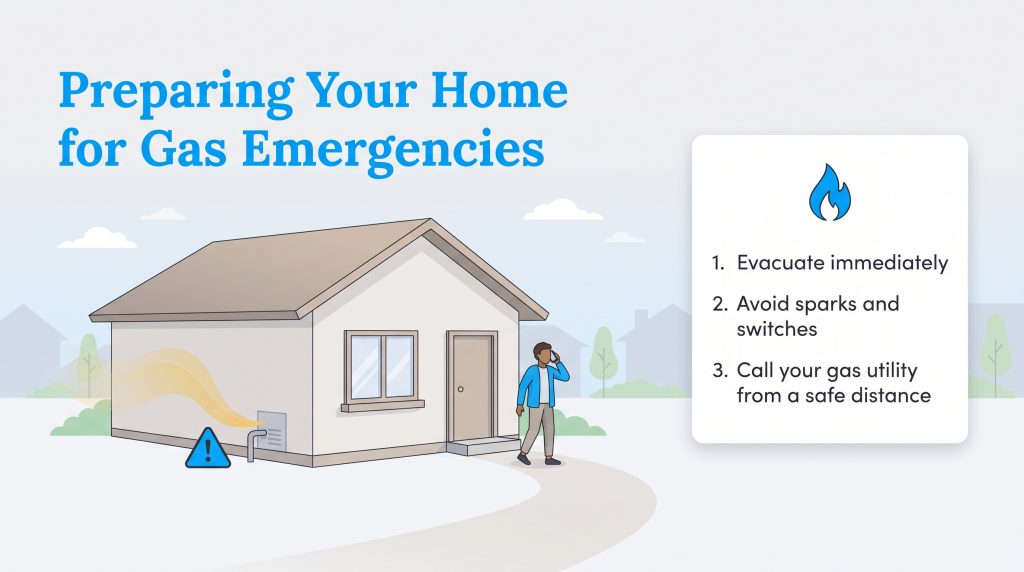 Illustration of steps to handle a home gas leak emergency safely