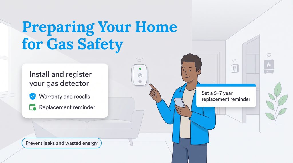 Man pointing to a home gas detector while holding a phone to set a replacement reminder