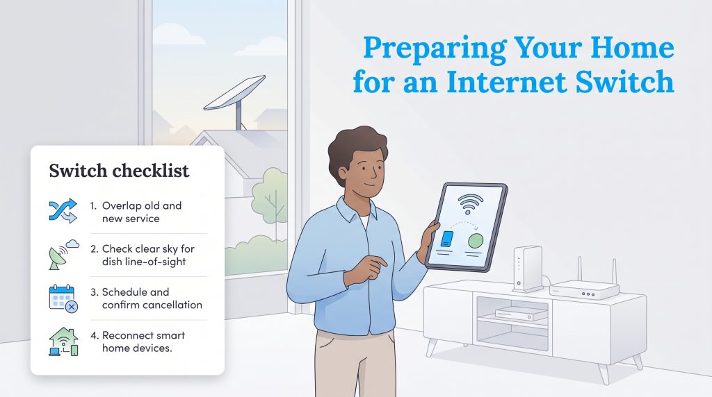 Illustration of a man with a tablet next to an internet provider switch checklist.