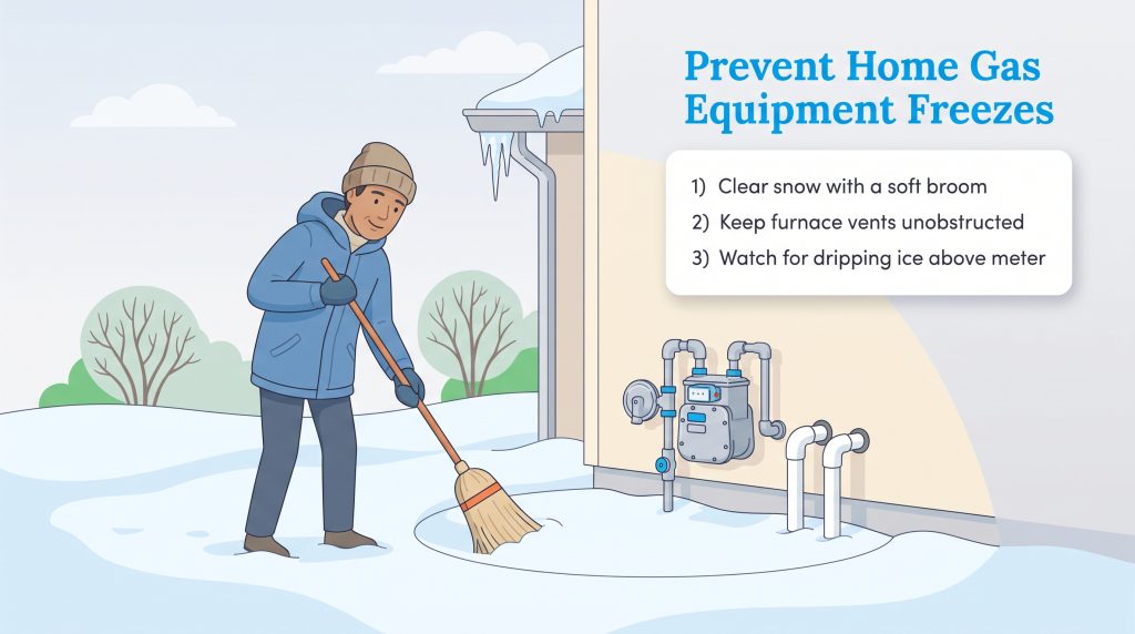 Man sweeping snow away from outdoor gas equipment and vents with a soft broom.