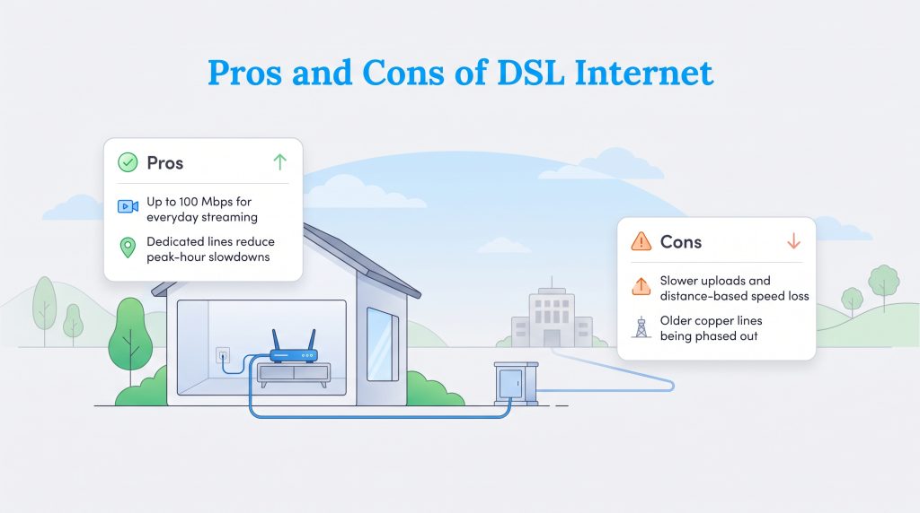 Infographic titled Pros and Cons of DSL Internet, with pros like dedicated lines and cons like distance-based speed loss.