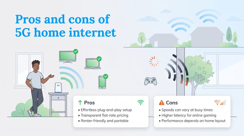 Infographic outlining the pros and cons of using 5G home internet.