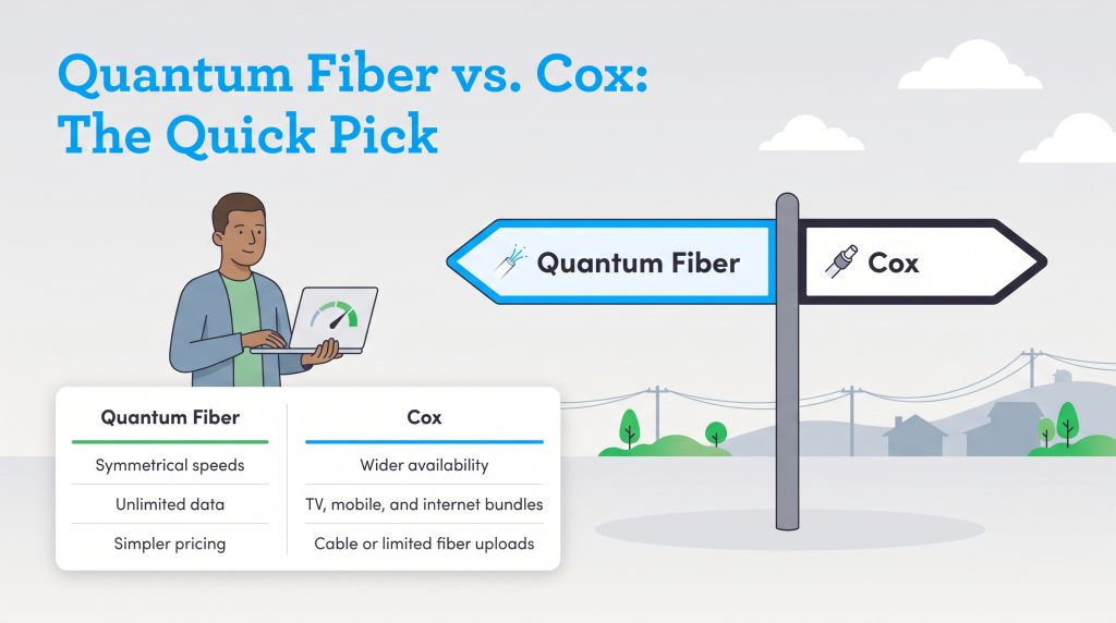 Graphic comparing Quantum Fiber and Cox internet features with a signpost and comparison chart.