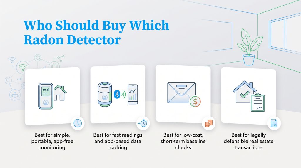 Infographic comparing radon detectors for different user needs and budgets.