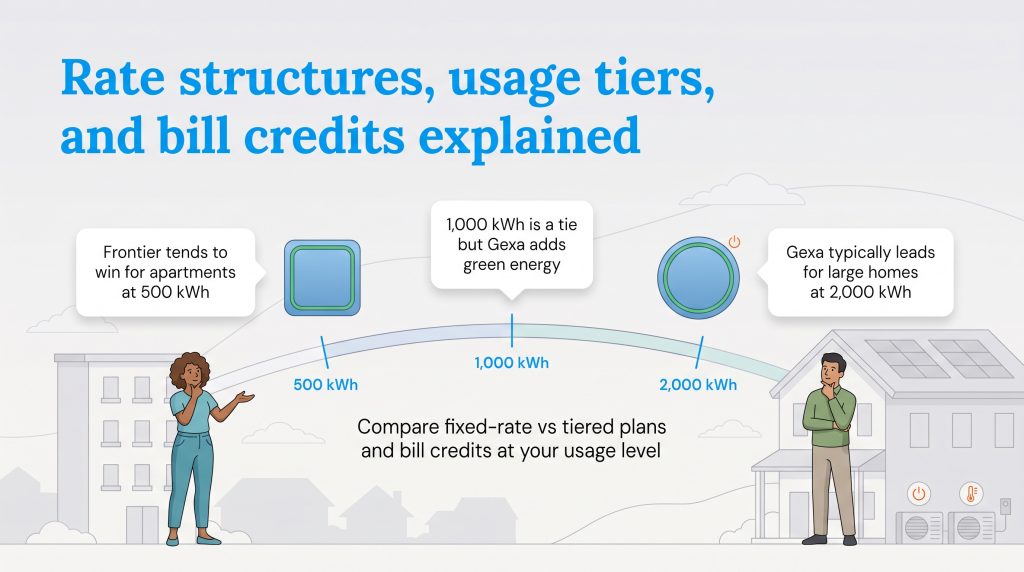 Comparison of Frontier and Gexa energy plans across three different electricity usage tiers.