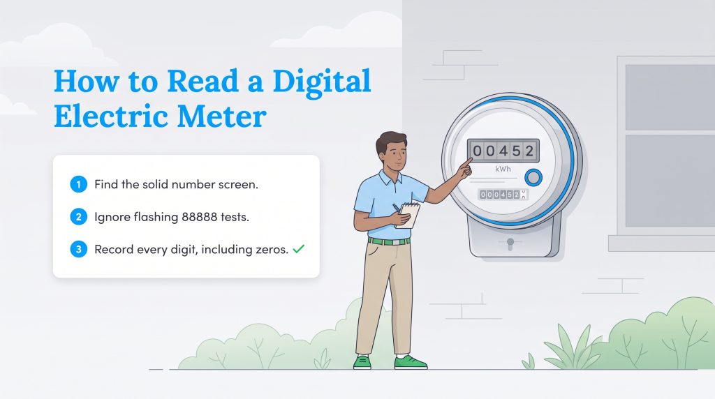 Steps to read a digital electric meter with an illustration of a man recording the numbers.