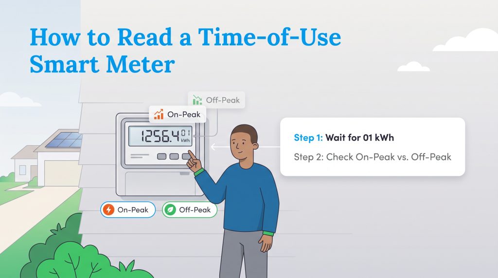 Man pointing at a smart meter display showing how to read on-peak and off-peak electricity use