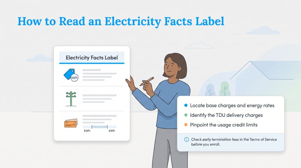 Illustration showing how to find key rates and charges on an Electricity Facts Label.