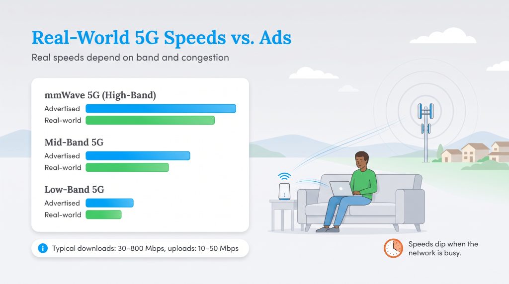 Bar chart comparing advertised and real-world speeds of mmWave, Mid-Band, and Low-Band 5G.