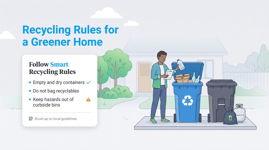 An illustration showing smart recycling rules like emptying containers and avoiding hazards