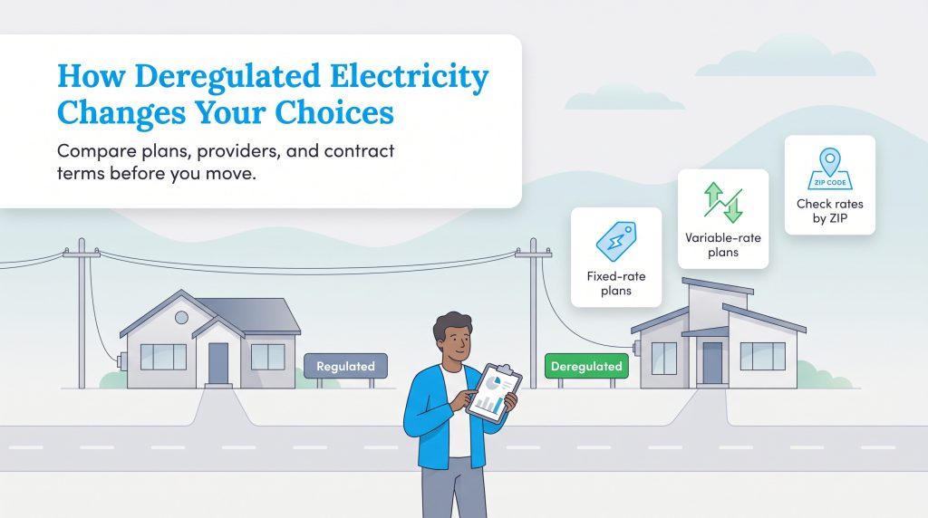 Graphic comparing regulated and deregulated electricity markets and consumer choices.