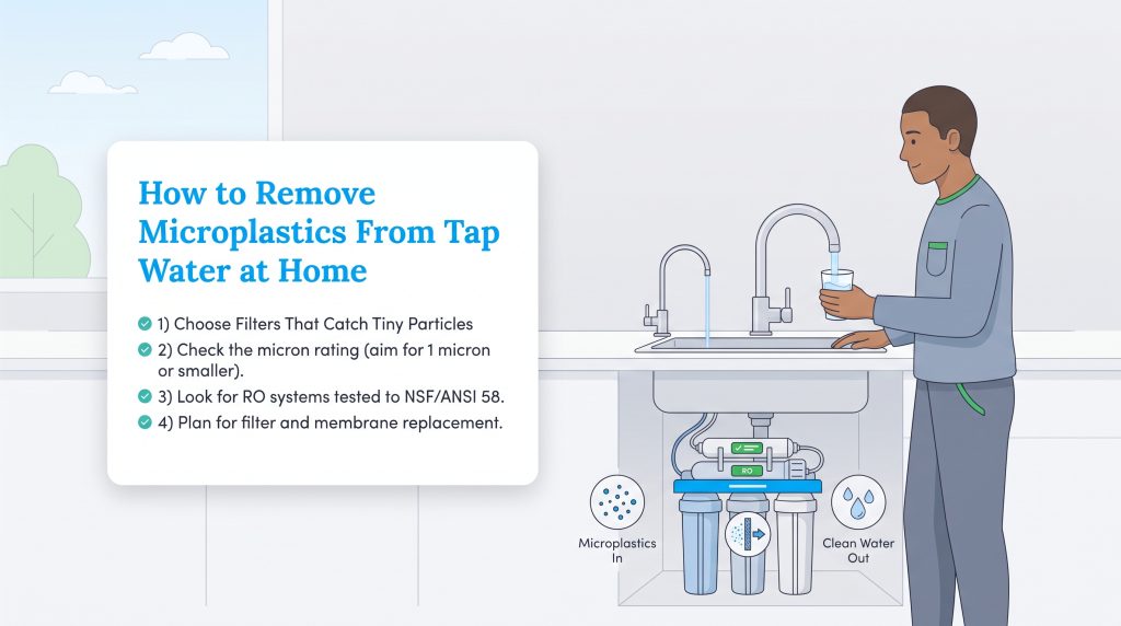 Illustration of an under-sink reverse osmosis filter system removing microplastics.