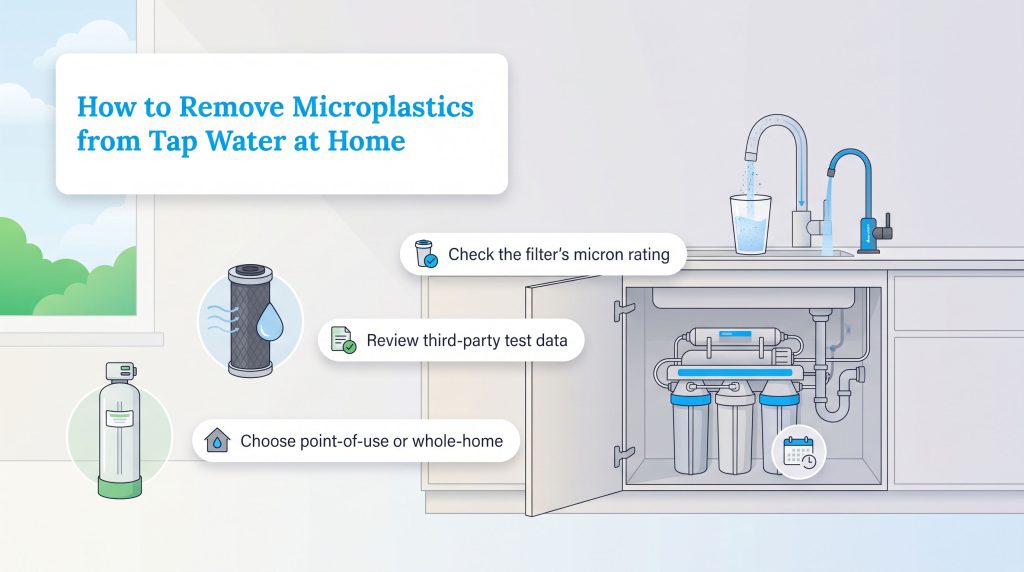 Diagram of an under-sink water filtration system and microplastic removal tips