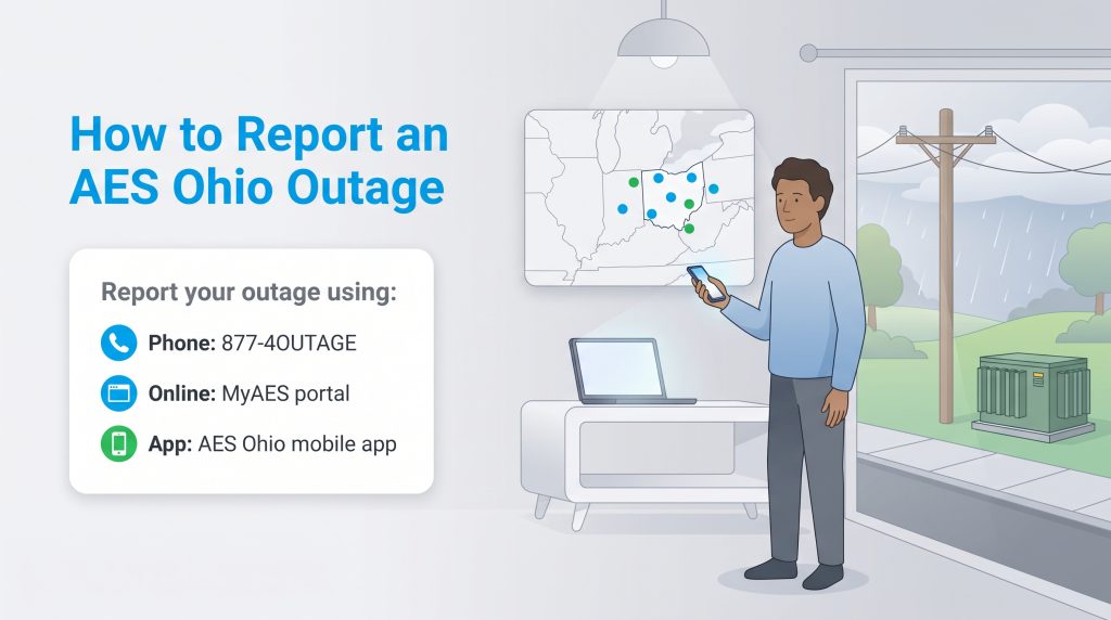 An infographic showing how to report an AES Ohio outage by phone, online portal, or mobile app.