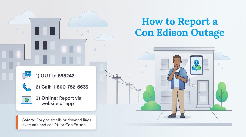 Infographic showing steps to report a Con Edison power outage via text, phone, or online.