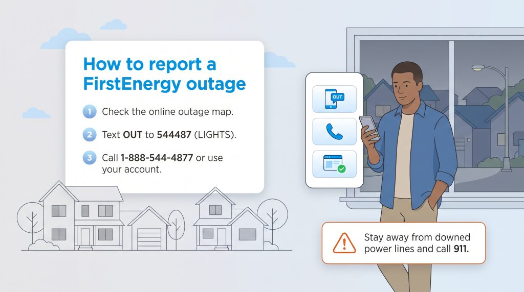 An infographic showing steps to report a FirstEnergy power outage with safety warning.