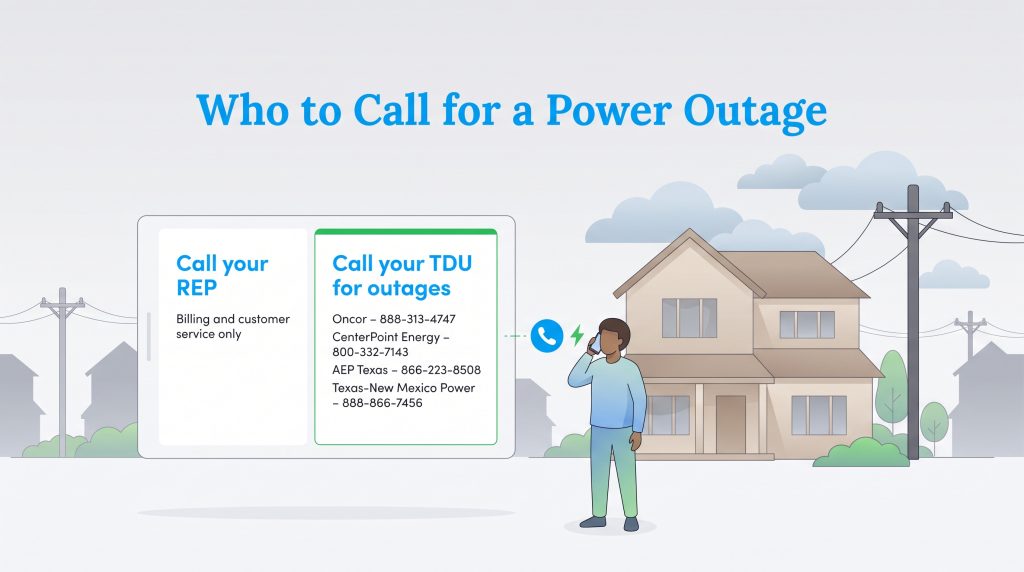 Infographic listing Texas utility phone numbers to call for power outages