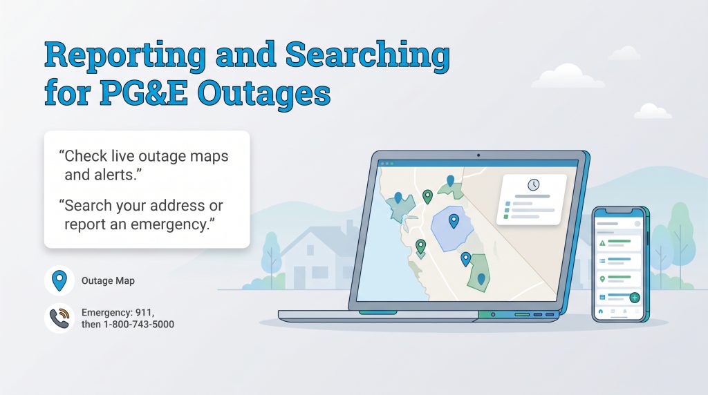 Illustration of a laptop and phone displaying PG&E outage maps and reporting tools