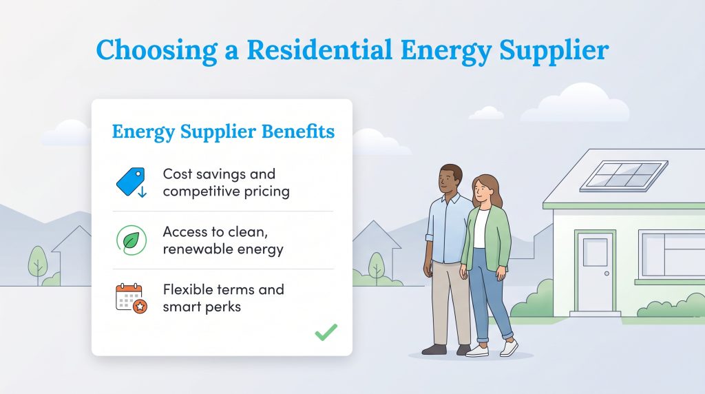 Illustration of a couple near a house next to a list of residential energy supplier benefits