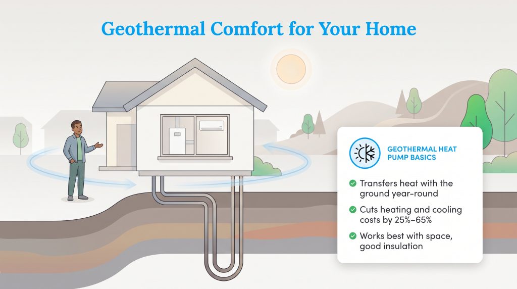Illustration showing how a residential geothermal heat pump system transfers heat underground