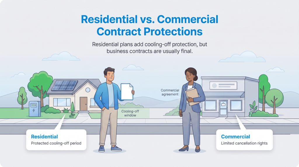 Graphic comparing residential cooling-off protections and binding commercial agreements