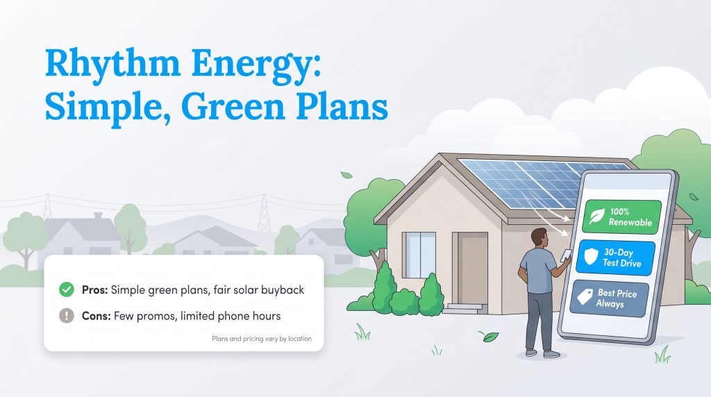 Infographic illustrating Rhythm Energy's simple green plans, pros, cons, and key features.