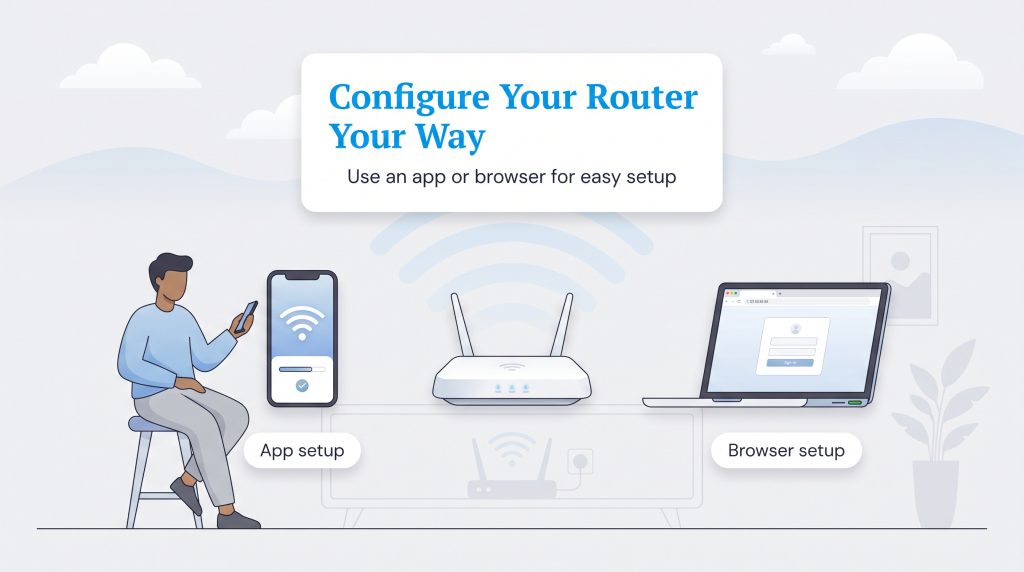 Illustration of router configuration options using a mobile app or a web browser on a laptop