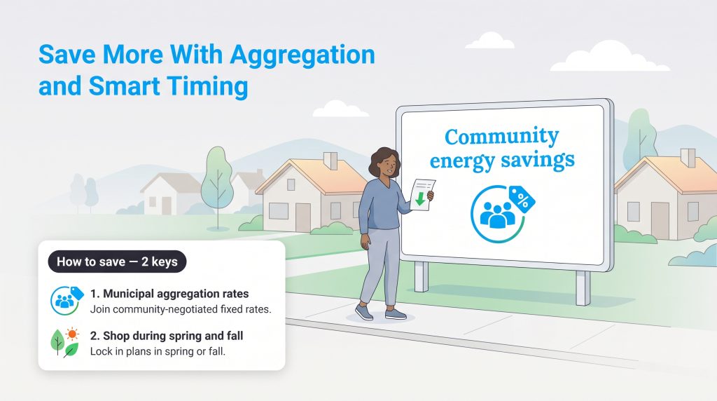 Illustration showing municipal aggregation and seasonal shopping tips for saving on energy.