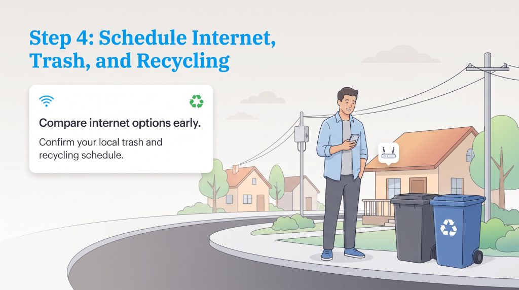 Illustration of a man on his phone next to trash and recycling bins near a house