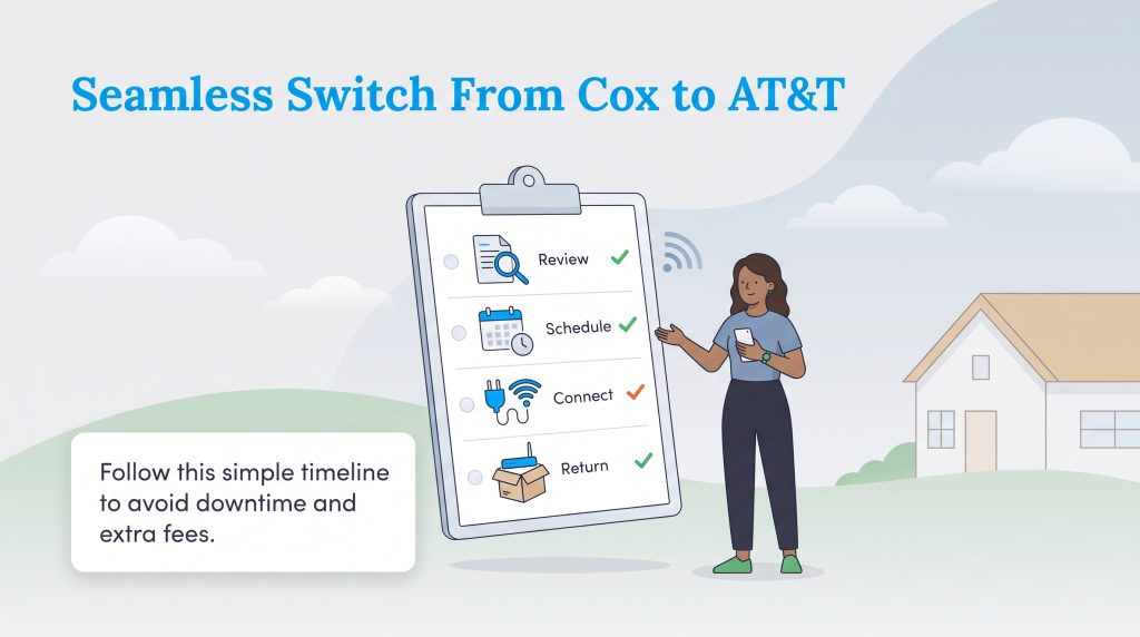Infographic checklist showing the steps to seamlessly switch internet service from Cox to AT&T.