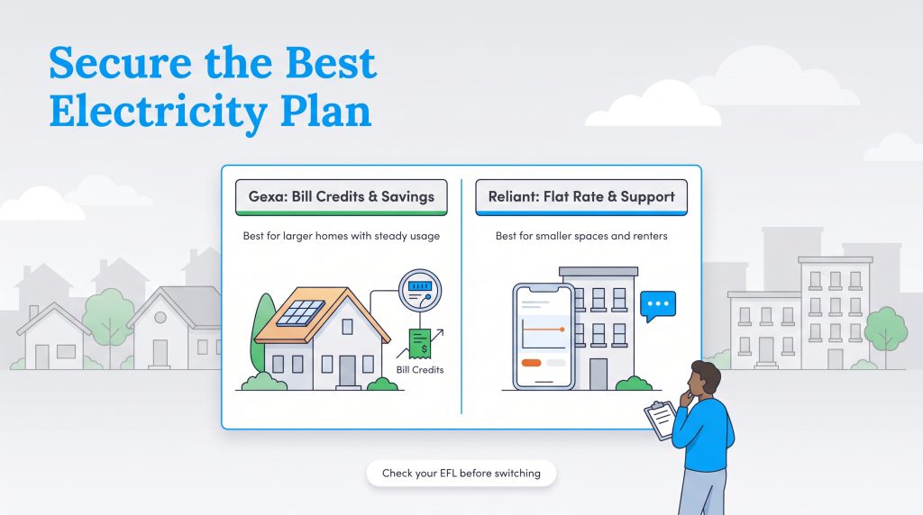 Infographic comparing Gexa's bill credits for larger homes and Reliant's flat rate for smaller spaces.