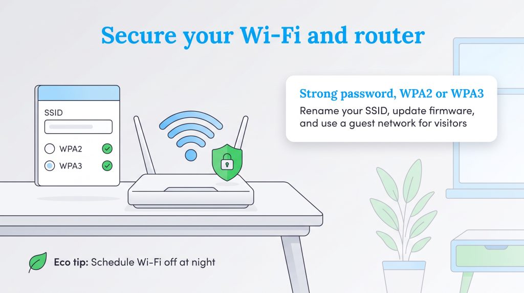 An illustration of a home Wi-Fi router with security tips to protect your network.