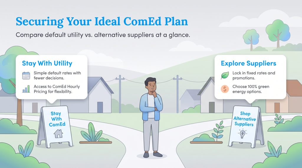 A man stands at a fork in a road deciding between ComEd and alternative energy suppliers.