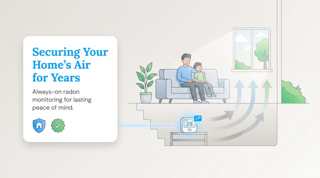 A father and son sit on a couch while a radon monitor below them measures air quality.