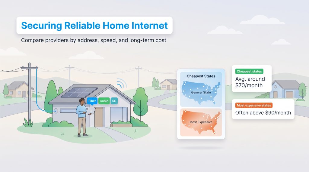 Illustration showing home internet options and US maps comparing cheap and expensive states