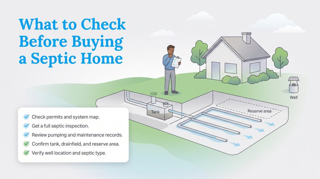 Diagram of a home septic system with a checklist of steps to take before buying a home.