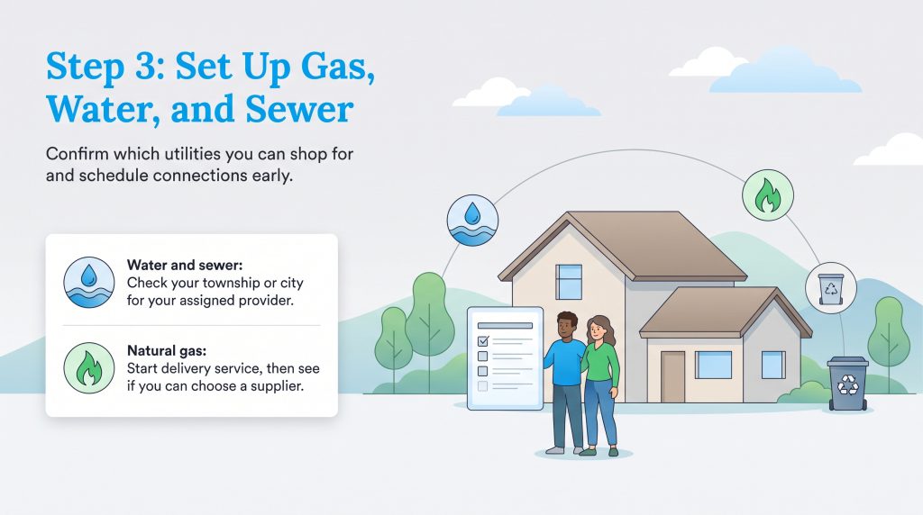 Illustration of a couple by a house with icons for water, gas, and trash services.