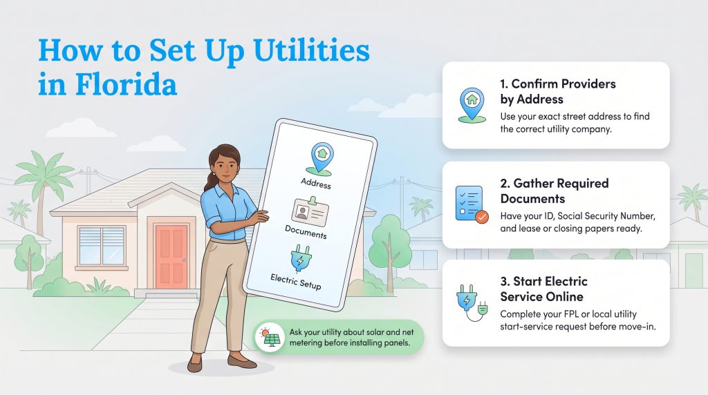 Guide explaining three steps to set up utilities in Florida.