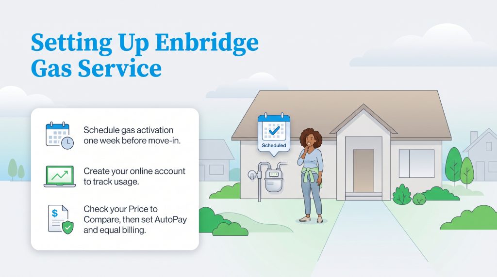 Illustration of steps to set up and manage Enbridge gas service for a new home.