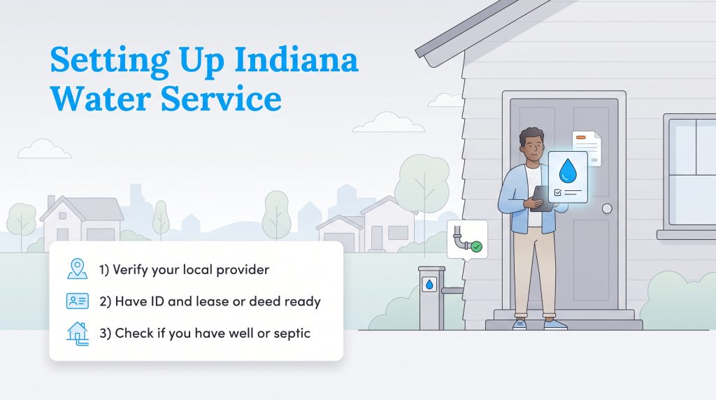 Illustration detailing the three steps to set up water service in Indiana.