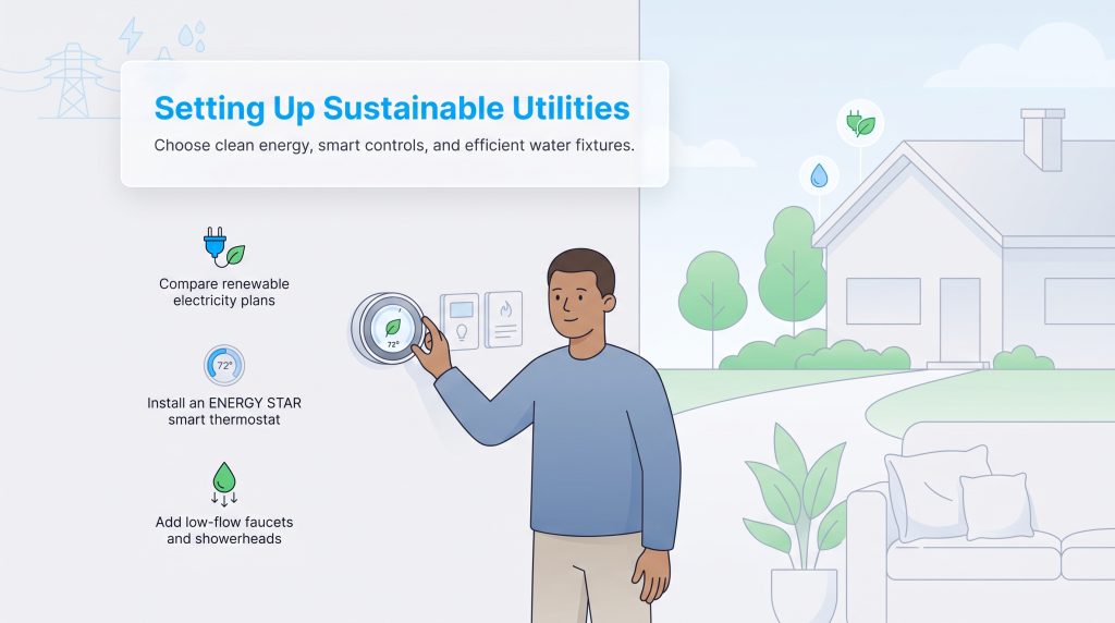 A man adjusting a smart thermostat next to tips for choosing sustainable home utilities