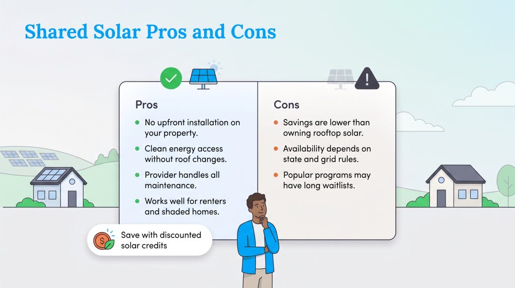 Comparison chart outlining the key pros and cons of community shared solar programs