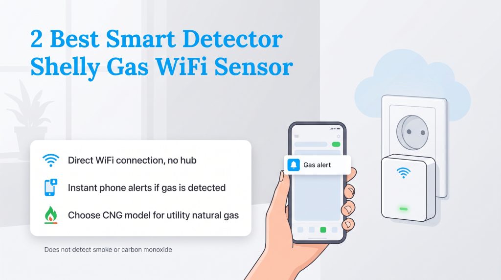 Illustration of Shelly Gas WiFi sensor plugged into wall sending alerts to a smartphone