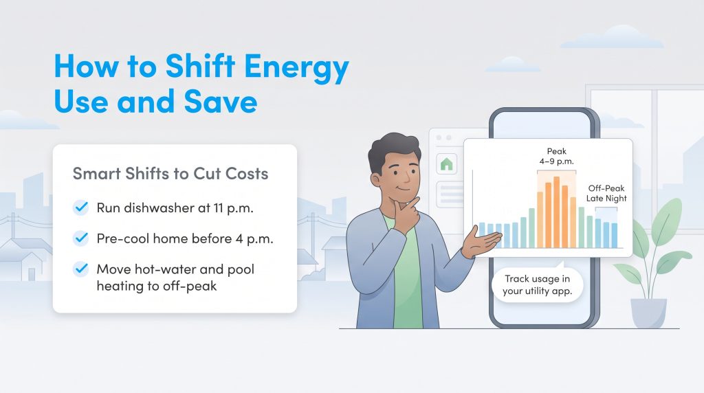 Graphic showing tips to shift energy usage to off-peak hours and save money