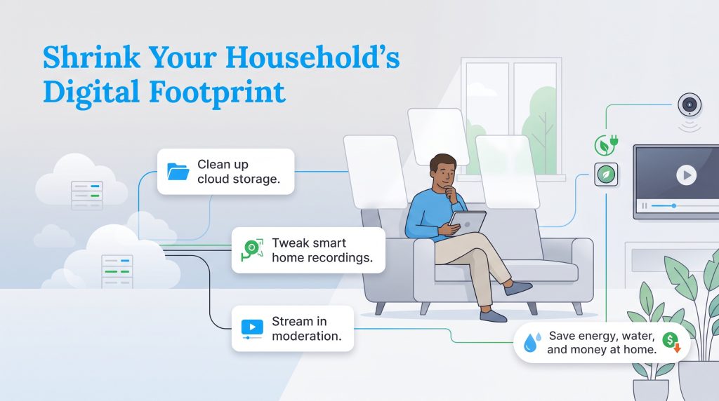 Illustration showing tips to reduce your household digital footprint and save energy.