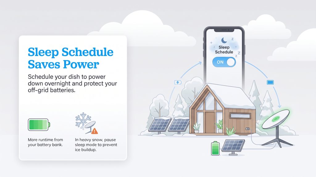Illustration showing how a satellite dish sleep schedule conserves off-grid battery power.